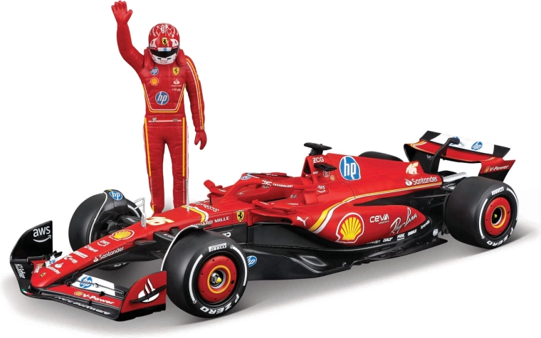 Model F1 Bburago Ferrari SF-24 (2024) z figurką kierowcy Charlesa Leclerca 1:24