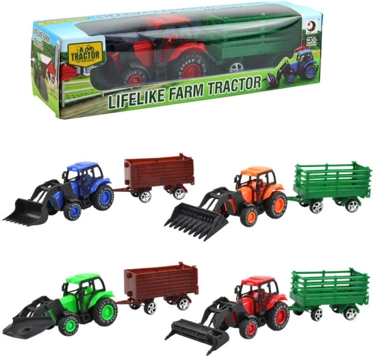Traktor rolniczy z ładowaczem czołowym i przyczepą 9 cm w pudełku - 1 sztuka
