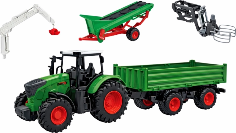 Traktor z przyczepą i działającym przenośnikiem