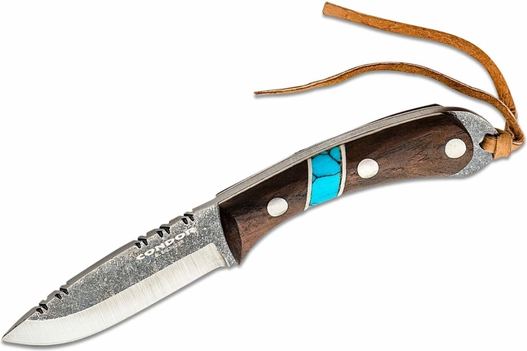 Nóż wiszący na szyję CONDOR Blue River 5,9 cm, drewno orzechowe, turkus, skórzane etui