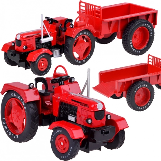 metalowy czerwony traktor z przyczepą 1:18 z gumowymi kołami