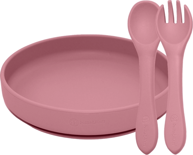 Silikonowy zestaw do jedzenia Petite&Mars Take&Match – talerzyk z przyssawką i sztućce dusty rose (6m+)