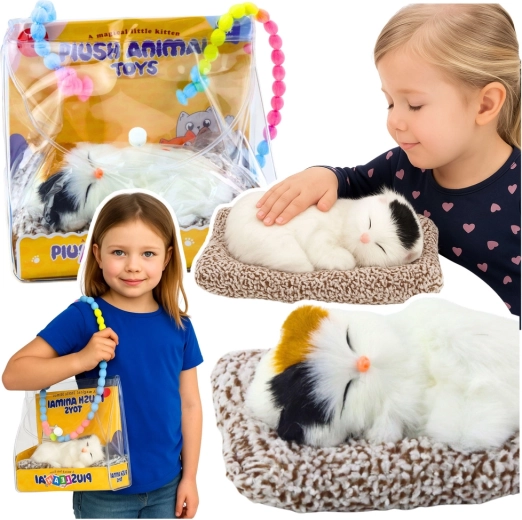 Śpiący kotek na poduszce z miękkim futerkiem i dźwiękami miauczenia w przenośnej torebce