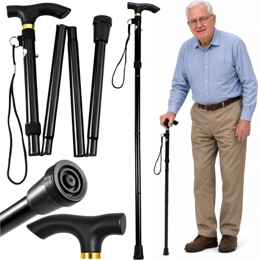 Składana teleskopowa laska do chodzenia dla seniorów, czarna 85–95 cm