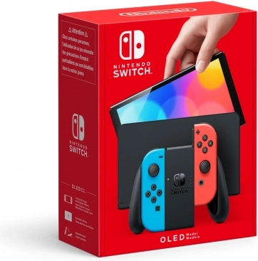 Nintendo Switch OLED w kolorze neonowo niebieskim i czerwonym