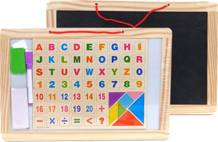 Dwustronna tablica magnetyczna do kredy i markerów z literami, cyframi i puzzlami