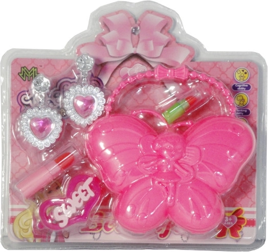Dziewczęca torebka z dodatkami – torebka motyl, kolczyki, spinka i imitacje pomadek