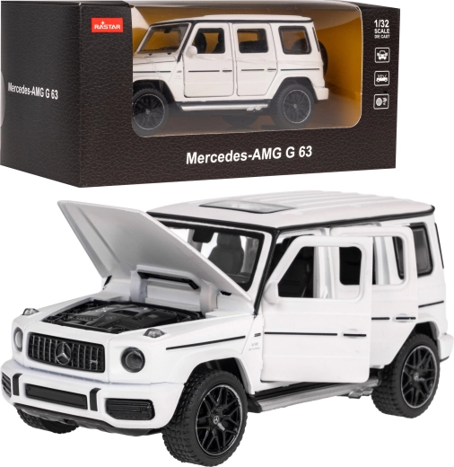 Model samochodu Mercedes‑AMG G 63 1:32 Rastar z metalowym nadwoziem i otwieranymi elementami – Biała