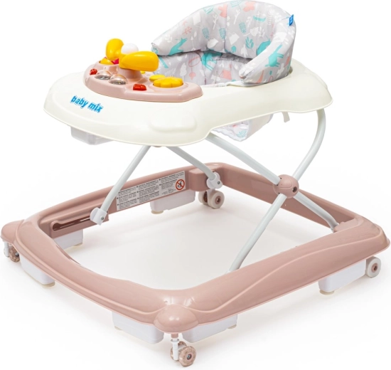 Chodzik dziecięcy BABY MIX z kierownicą i silikonowymi kółkami – różowy