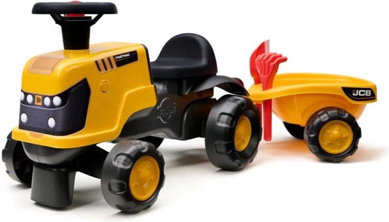 Jeździk traktor JCB Fastrac z przyczepą, łopatką i grabkami 1–3 lata