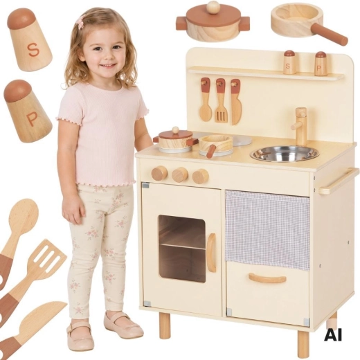 Drewniana kuchnia dziecięca beżowa z akcesoriami TOOKY TOY