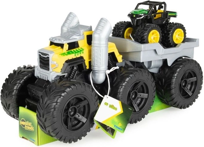 Tomy John Deere Monster Treads Roaring Rev Up Hauler – zestaw monster trucków z transporterem i pojazdem Gator