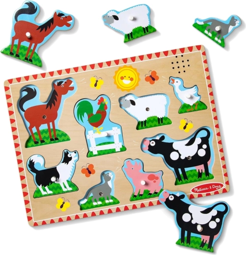 Drewniane dźwiękowe puzzle wkładane – zwierzątka z farmy Melissa & Doug