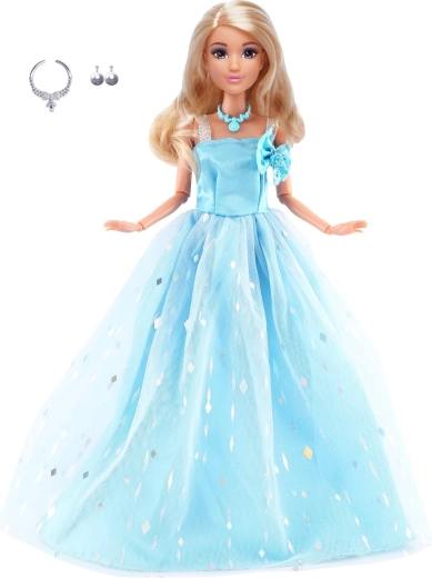 Modna lalka w długiej, jasnoniebieskiej sukni wieczorowej