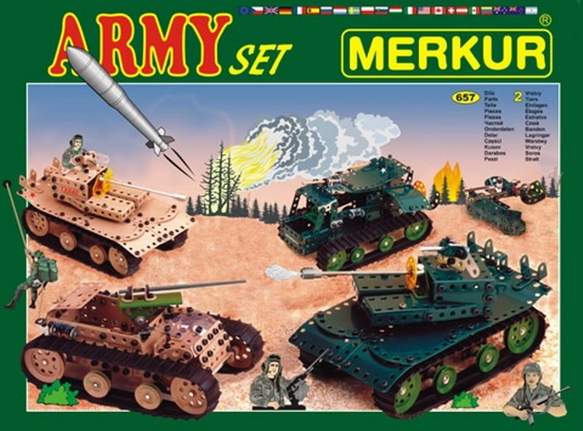 Klocki konstrukcyjne Merkur Army set 674 szt., dwuwarstwowe pudełko 36 × 27 × 5,5 cm