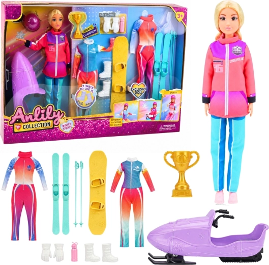 Anlily Collection sportowa lalka z zimowym wyposażeniem (narty, snowboard i skuter śnieżny) 30 cm