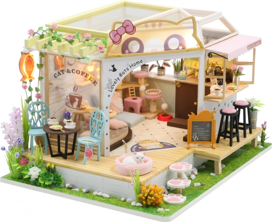 Miniaturowy domek Kocia kawiarnia z ogrodem – zestaw DIY z LED
