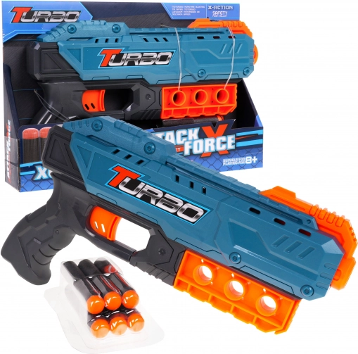 Dziecięcy pistolet Turbo niebieski 8+ z 6 miękkimi nabojami i ręcznym ładowaniem