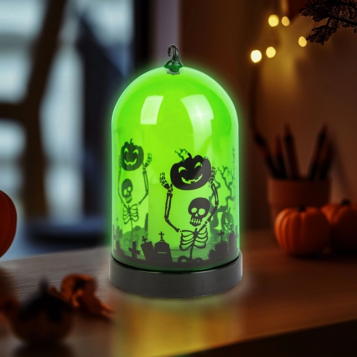 Halloweenowa latarnia LED z motywem szkieletu, zielona