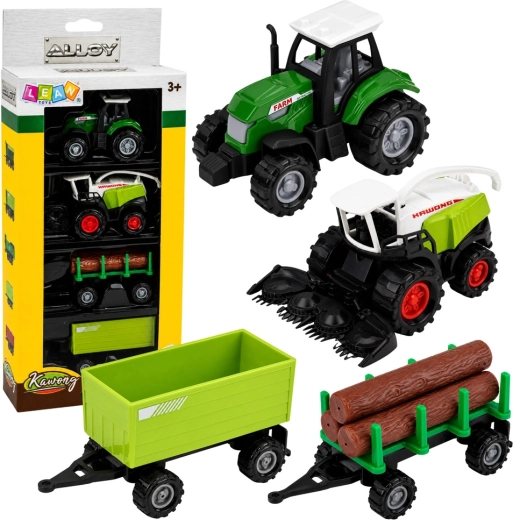 Zestaw pojazdów rolniczych 1:68 – traktor, sieczkarnia, przyczepa i wóz do drewna (4 szt.)