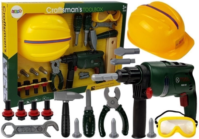 Zestaw narzędzi warsztatowych dla dzieci z wiertarką, okularami ochronnymi i kaskiem