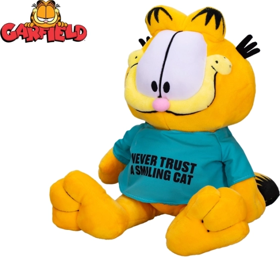 Pluszowy kocur GARFIELD 28 cm – koszulka „Never trust a smiling cat”