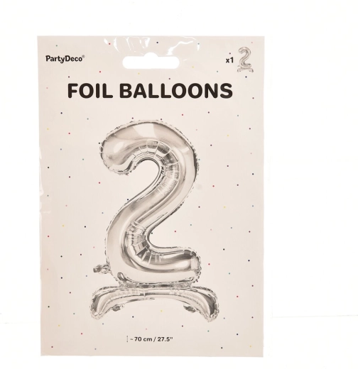 Foliowy balon cyfra 2 stojący, srebrny, 70 cm