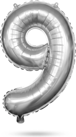 Srebrny foliowy balon urodzinowy w kształcie cyfry 9, 78 cm