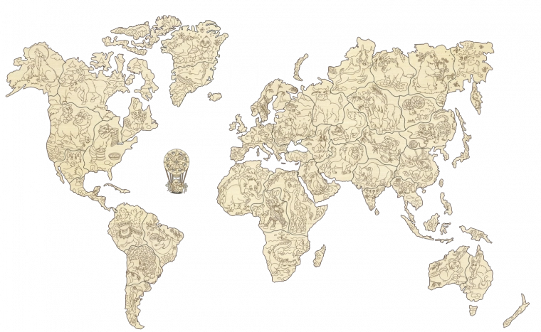 Drewniana mapa zwierząt świata 3D, rozmiar M