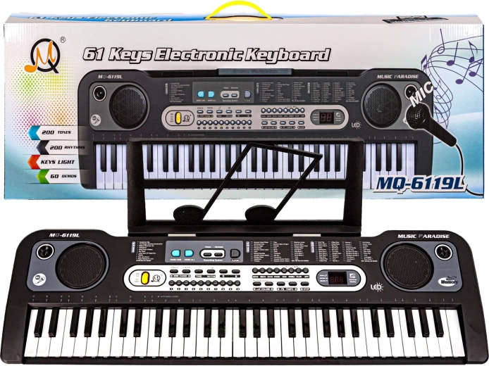 Dziecięcy keyboard elektroniczny z podświetlanymi klawiszami, mikrofonem i stojakiem na nuty
