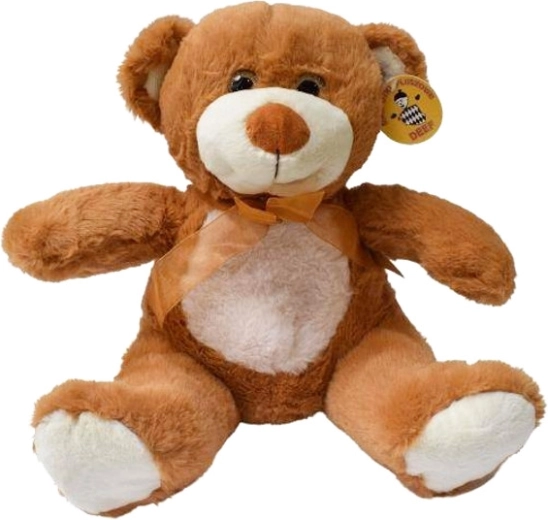 Pluszowy miś z jasnym brzuszkiem i brązową tiulową kokardą