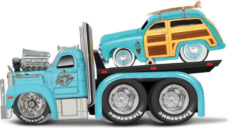 Maisto Muscle Transports 1953 Mack B-61 platforma z 1950 Ford Woody 1:64