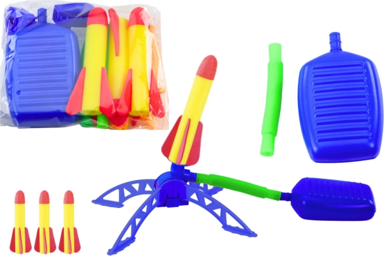 Pianinkowa wyrzutnia rakiet z pompką – niebieski zestaw ogrodowy