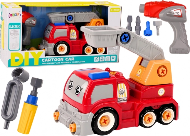 Kreskówkowa ciężarówka z żurawiem do rozkręcania DIY – czerwona