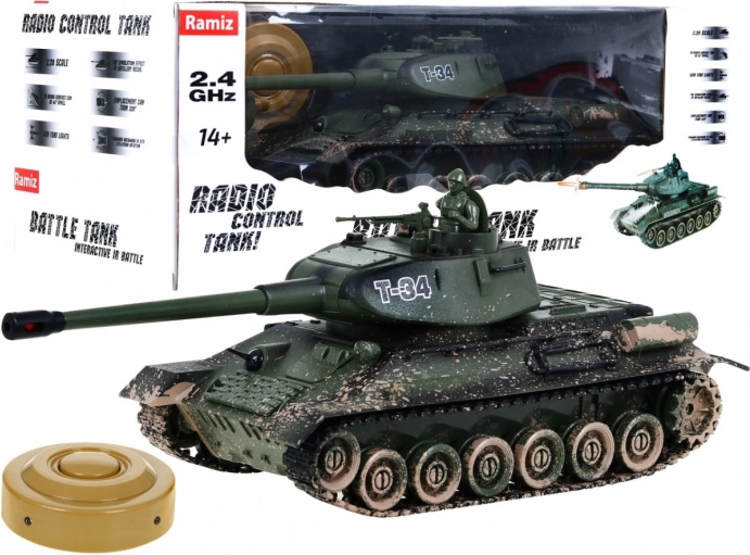 Zdalnie sterowany czołg T-34 dla dzieci 3+ Strzelający model w kamuflażu 1:28 + Wielka bitwa czołgów + Efekty świetlne i dźwiękowe