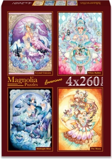 Puzzle Magnolia kryształowy jednorożec, biały królik, północny błękit i księżyc 4×260 elementów