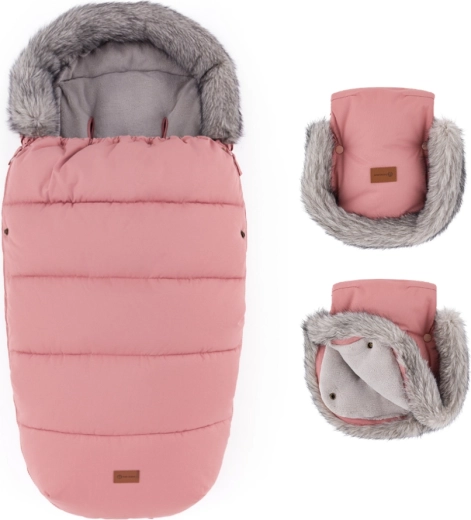 PETITE&MARS zestaw zimowy: śpiworek Comfy 4w1 + rękawice do wózka Furry old rose