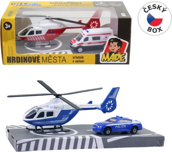 Zestaw ratowniczy – metalowy helikopter i karetka