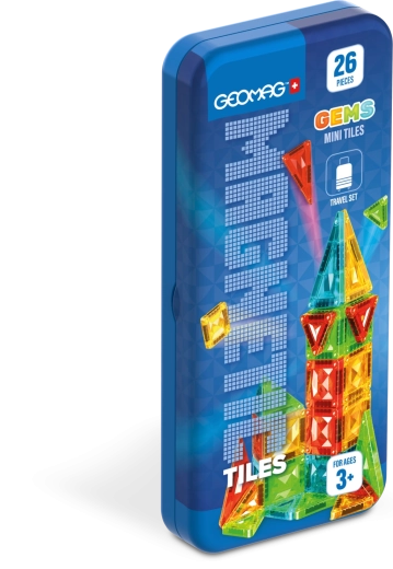 Geomag GEMS Mini Tiles 26 elementów – magnetyczna układanka w podróżnym pudełku