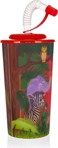 Plastowy kubek ZOO z pokrywką i słomką 470 ml