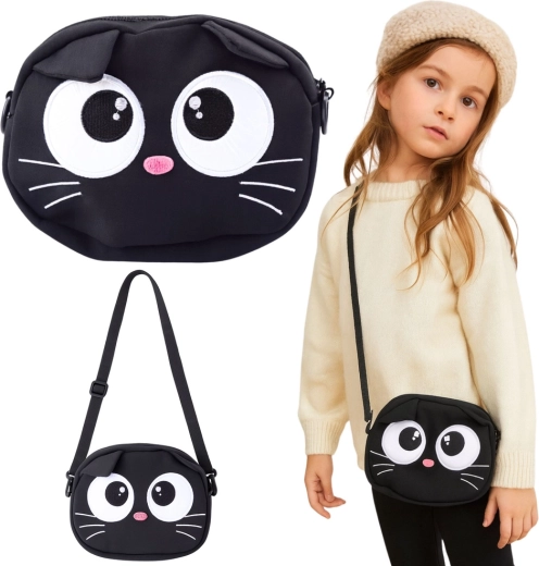 Dziecięca torba crossbody kotek z regulowanym paskiem, czarna 21 × 16 cm