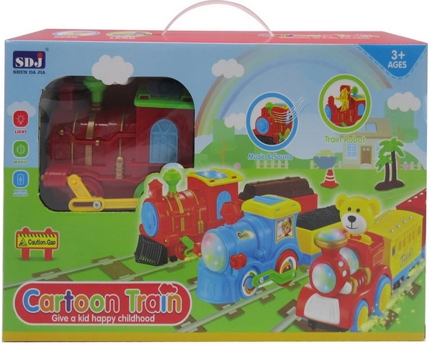 Interaktywna lokomotywa dla dzieci 3+ ze światłami, dźwiękami i ruchomymi elementami, 2 wagonami i akcesoriami