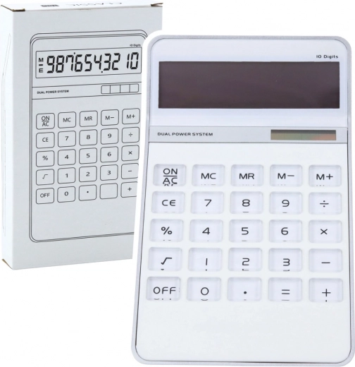 Biała kalkulator biurowy z 10‑cyfrowym wyświetlaczem