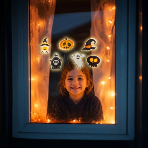 Halloweenowa dekoracja LED na okno z żelowymi dyniami 85 cm