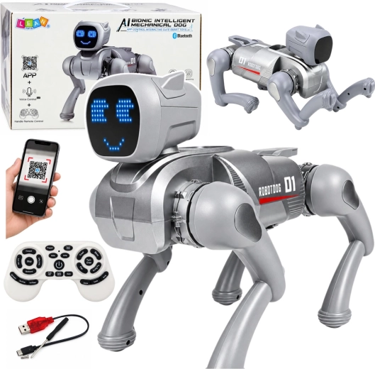 Interaktywny robotyczny pies AI sterowany zdalnie ze srebrnym wyświetlaczem LED