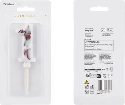 Biała świeczka urodzinowa w kształcie cyfry 1 z marmurkowym wzorem, 8 cm