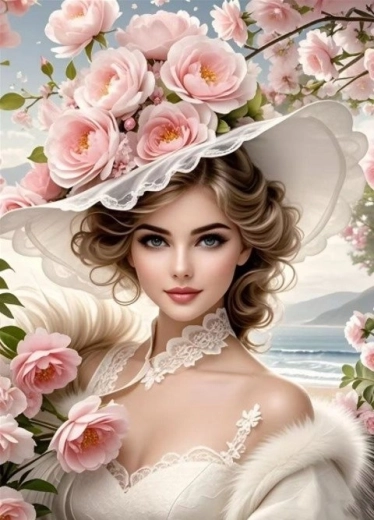 Malowanie diamentowe – dziewczyna w kwiecistym kapeluszu 30 × 40 cm