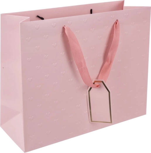 Różowa papierowa torba prezentowa z tłoczonymi serduszkami 31 × 12 × 26 cm