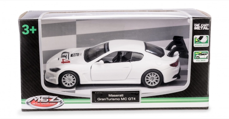 Metalowy model MASERATI GranTurismo MC GT4 1:43 z otwieranymi drzwiami i mechanizmem pull-back