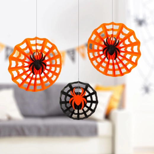 Halloweenska papierowa dekoracja pajęczyna z pająkiem 30/40 cm - 3 sztuki